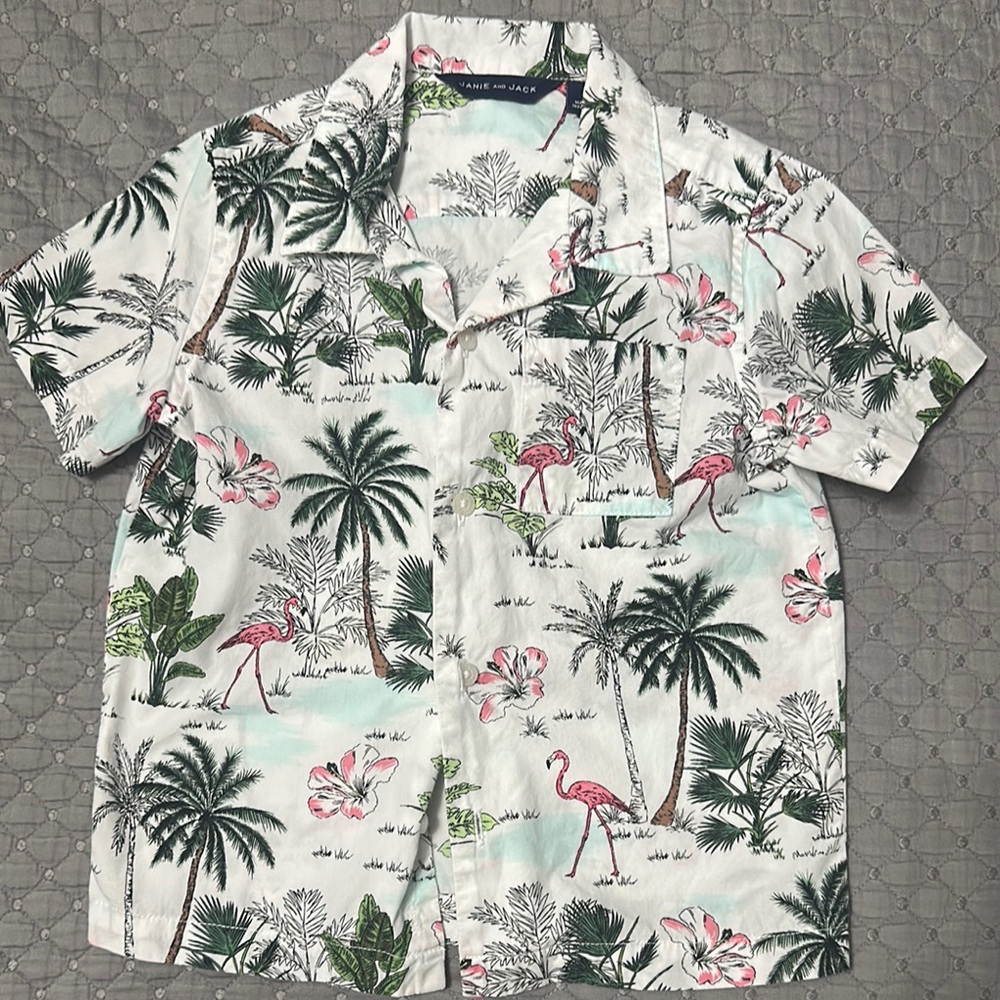 Janie and Jack White and Green Button Down Shirt with Tropical Print